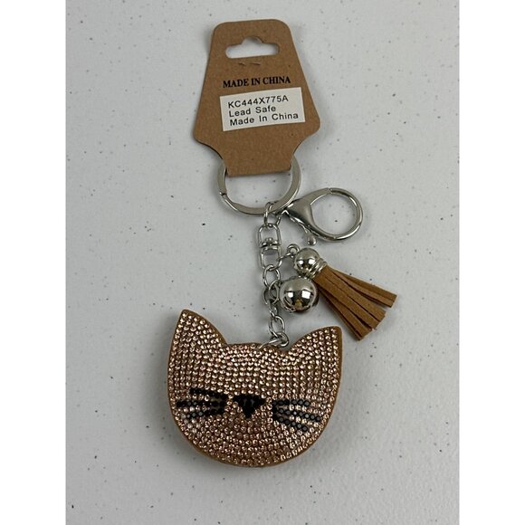 Cute Cat Keychain With Tassel & Bling In Brown & Silver Lead Safe - Picture 2 of 4
